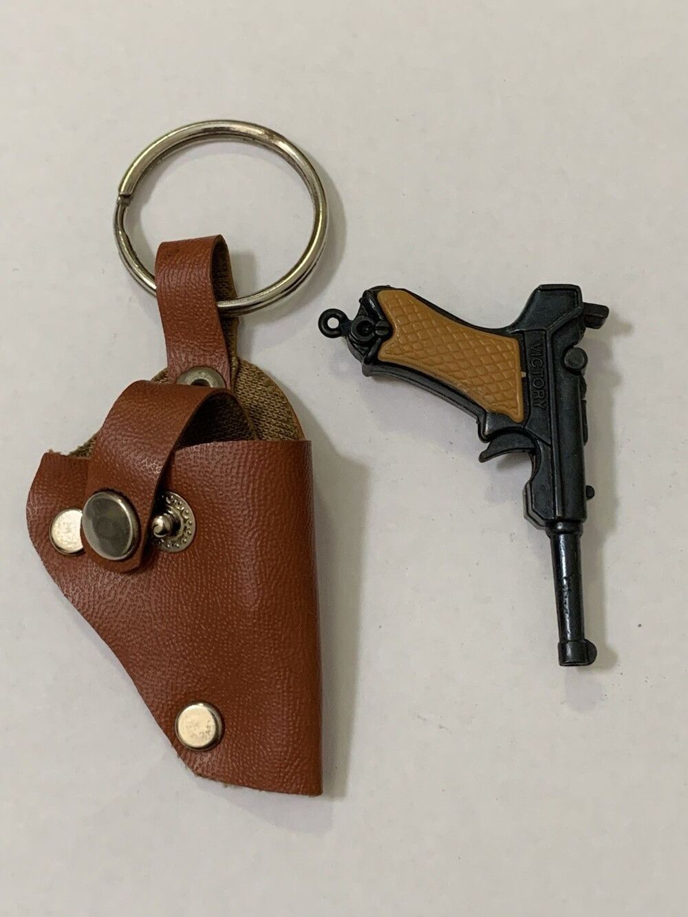 Vintage 1970s Die-Cast Luger P08 Keychain with Holster - Functional Trigger!